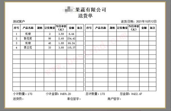 蔬果配送行业送货单格式