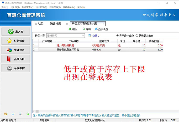 仓库管理系统产品库存警戒统计表